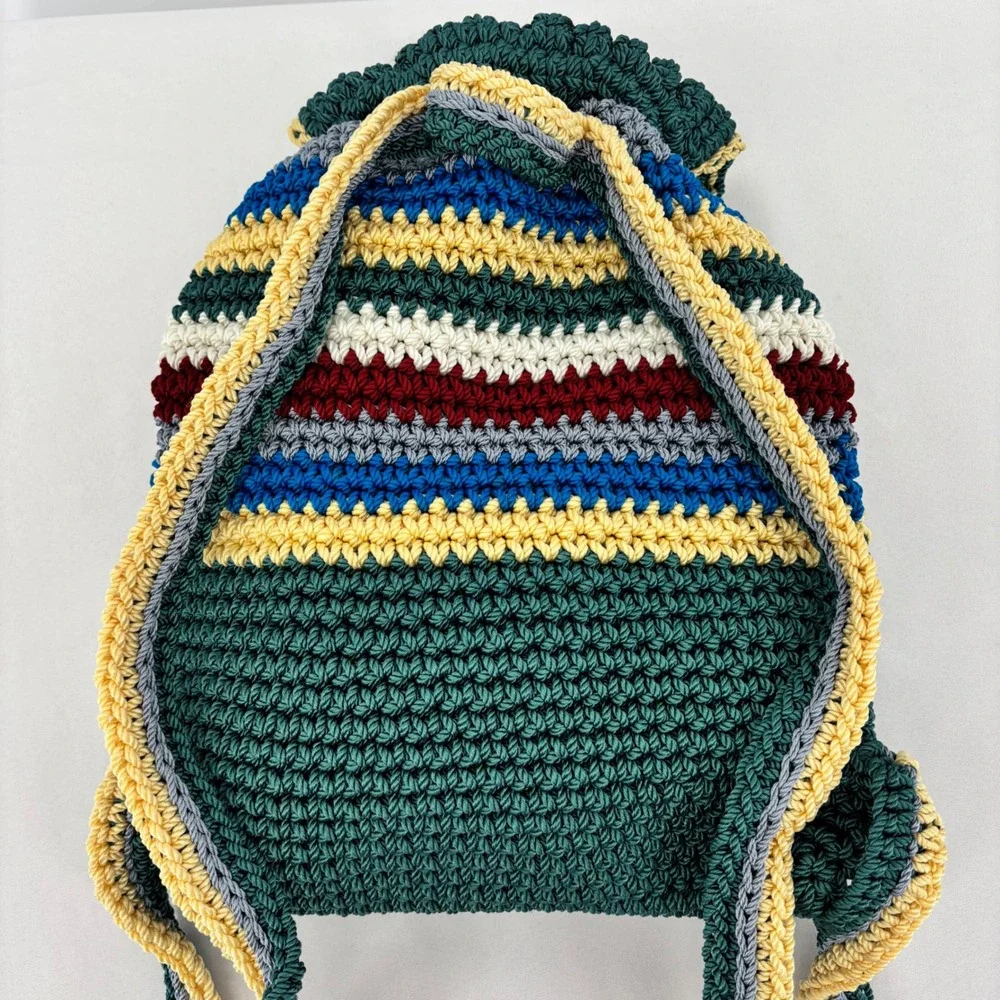 Handmade Crochet Striped Backpack Teal Multi Color Bow Detail Boho Knit Bag